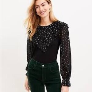 Ann Taylor Lift Shimmer Dotted Ruffle Yoke Mixed Media Top XSP